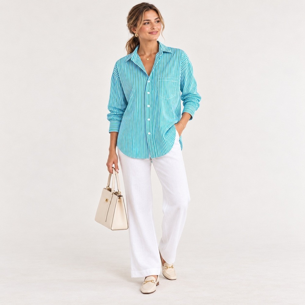 FRANK & EILEEN Women's New Shirley Top Shirt XS Striped Turquoise ITALY WOVEN